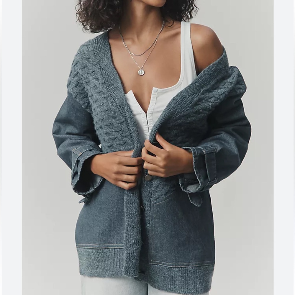 Pilcro Anthropologie Denim Mixed Media Cardigan Charcoal Gray Sweater